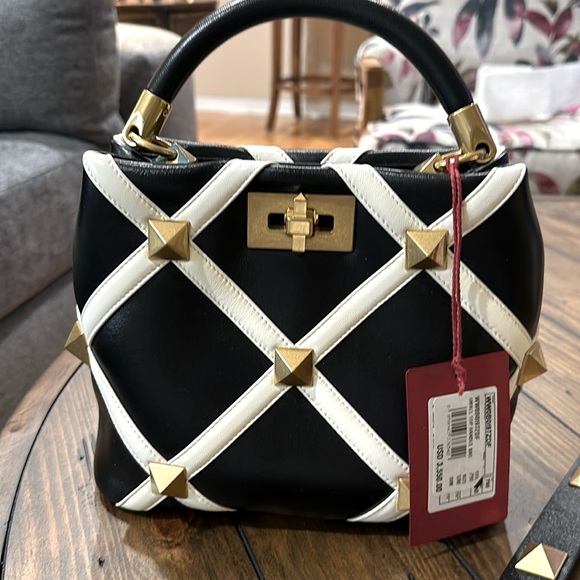 Handbags - Valentino Black and White Crossbody Bag with Gold Accents
